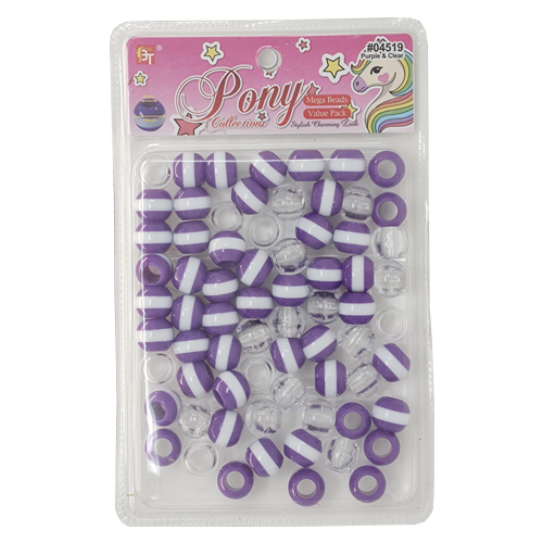 Beauty Town Mega White Striped Round Beads Value Pack Purple & Clear