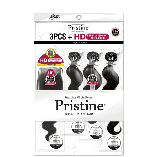 Mane Concept Pristine PTW401S 11A Body Wave 14''/16''/18''+HD  Pre-Plucked Part Lace Closure 12''
